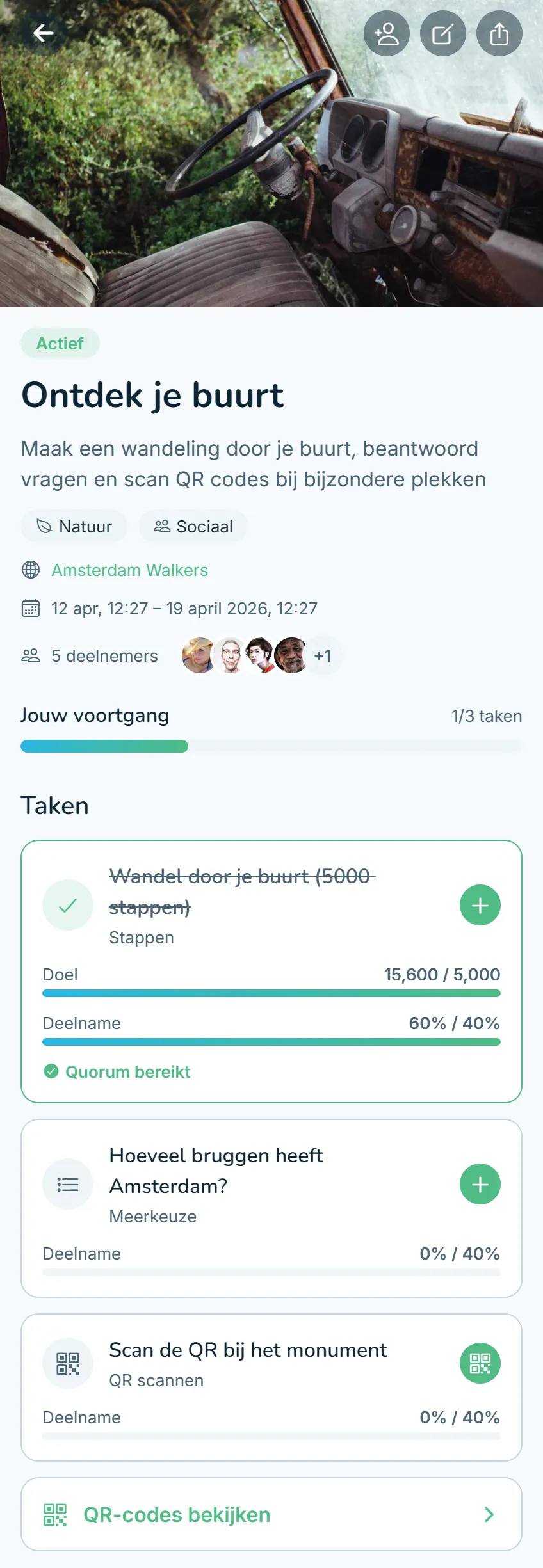 Peerpep app op een telefoonscherm met een actieve groepschallenge