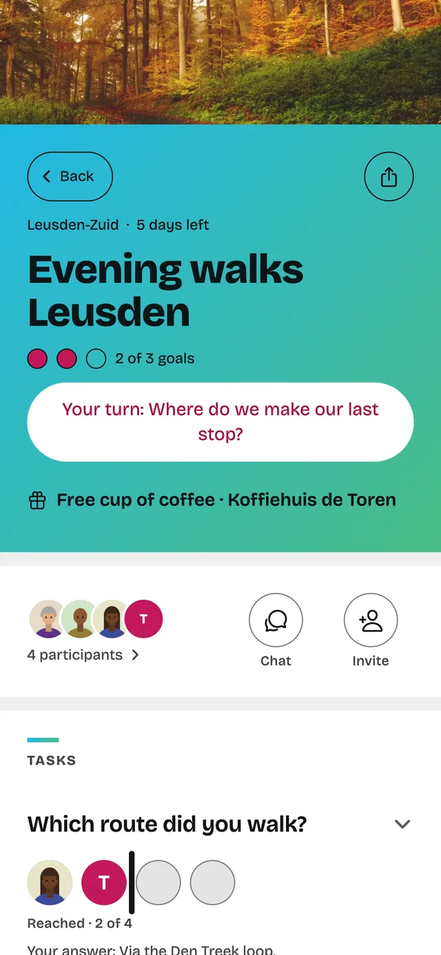 A challenge in the Peerpep app: the goals, whose turn it is, the reward and the participants