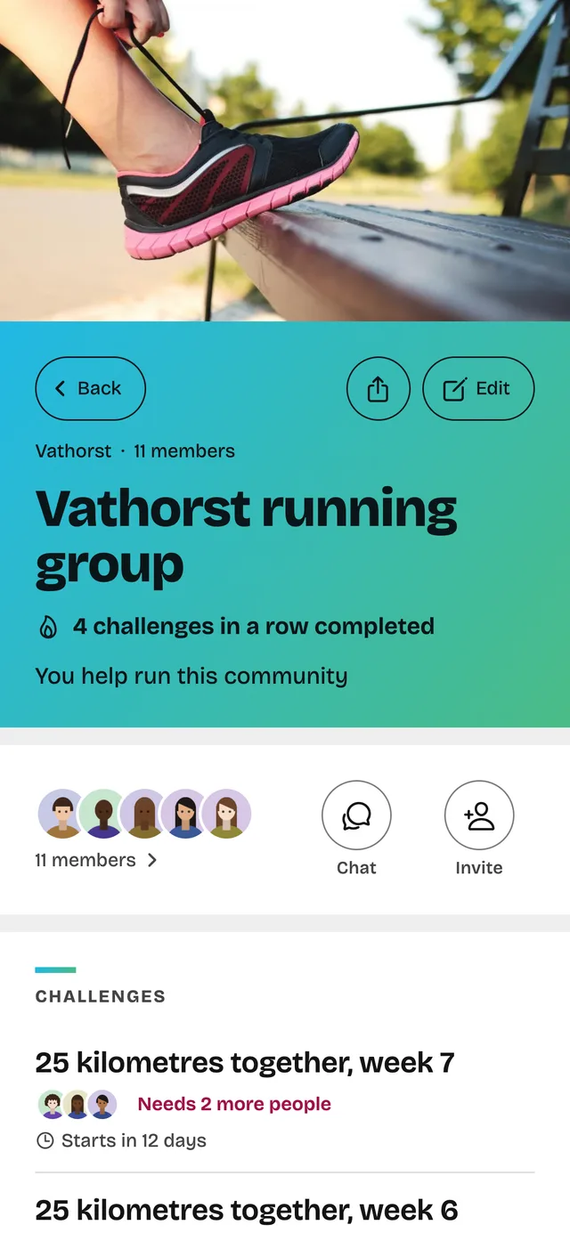 A community in the Peerpep app: the Vathorst running group, with four challenges completed in a row