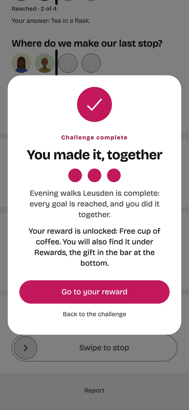 The moment a challenge is completed in the Peerpep app: every goal filled and the reward unlocked