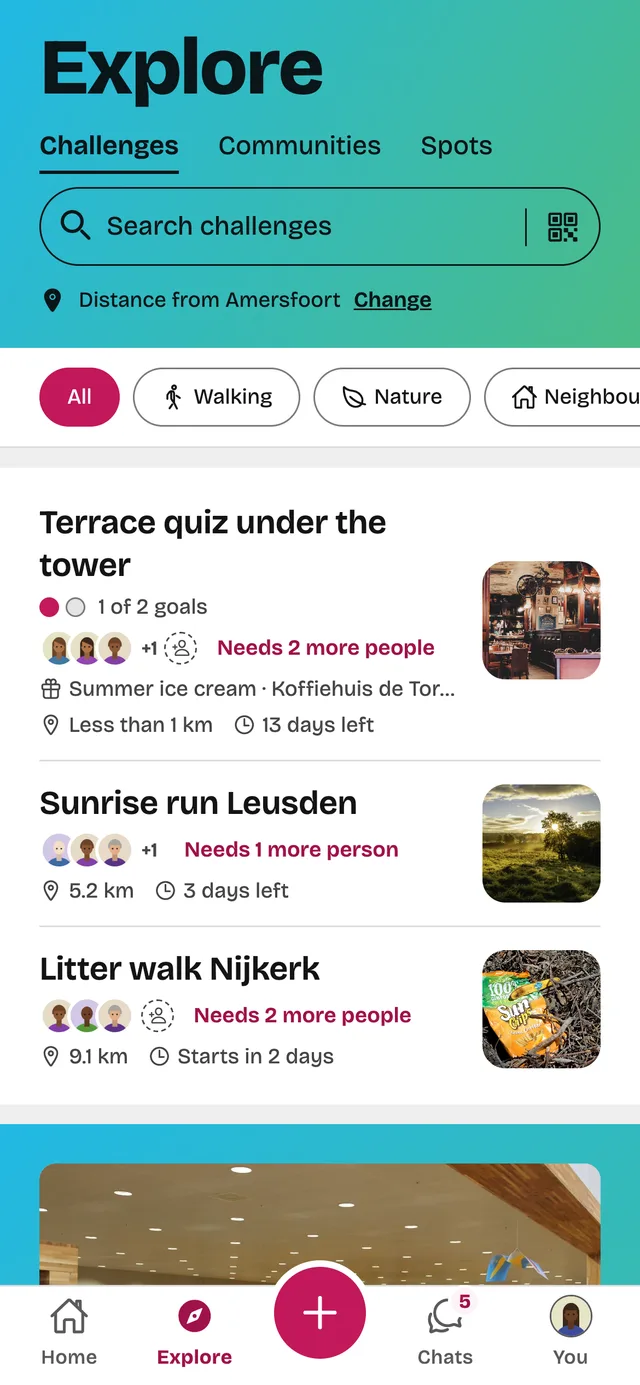 Discovering in the Peerpep app: challenges near you, with the distance and how many more people are needed