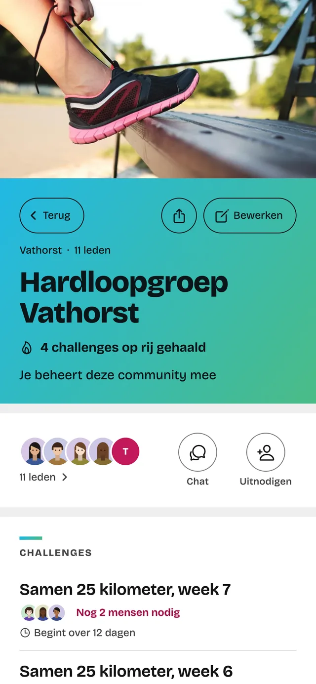Een community in de Peerpep-app: Hardloopgroep Vathorst, met vier challenges op rij gehaald