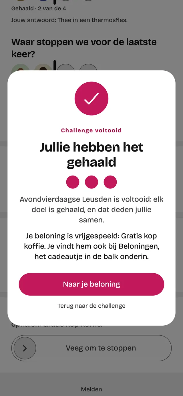 Het moment dat een challenge gehaald is in de Peerpep-app: alle doelen gevuld en de beloning vrijgespeeld