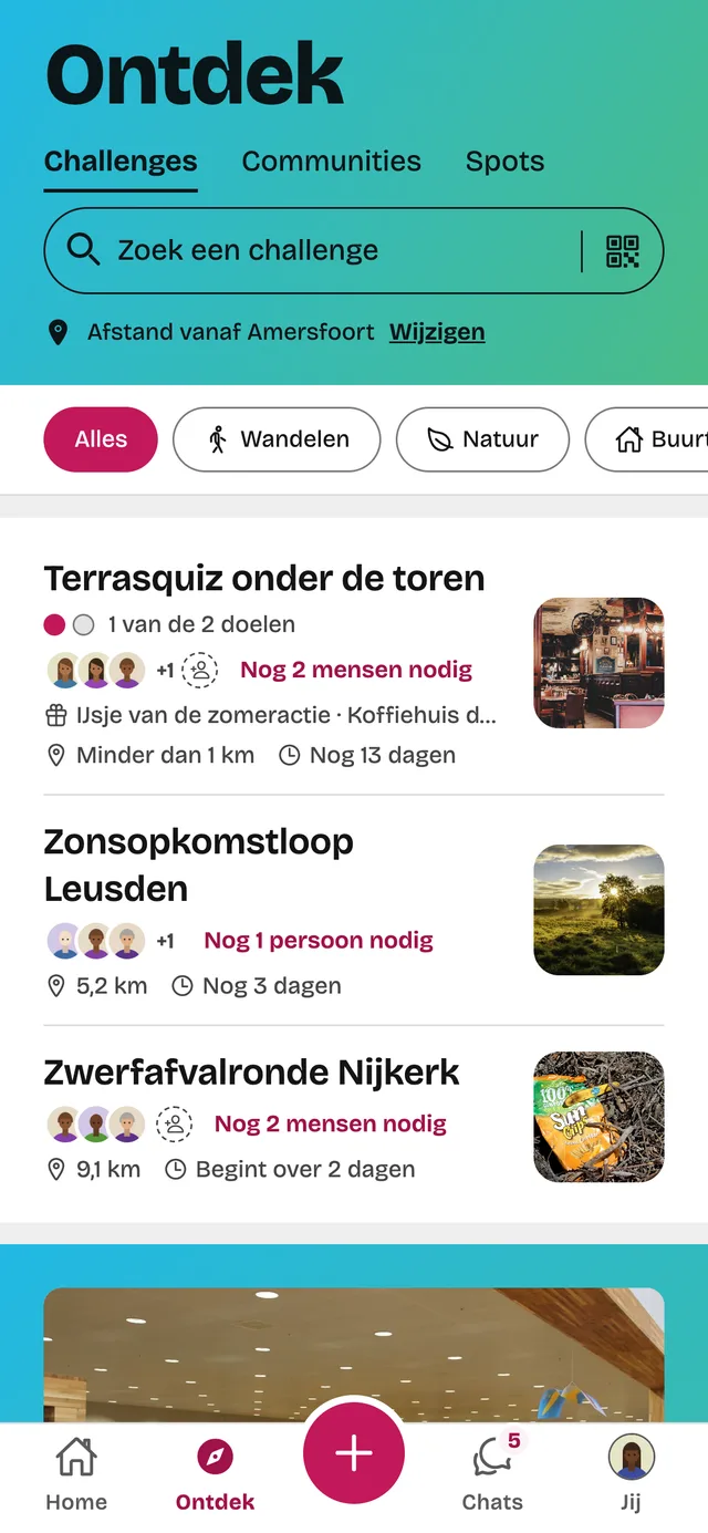 Ontdekken in de Peerpep-app: challenges bij jou in de buurt, met de afstand en hoeveel mensen er nog nodig zijn