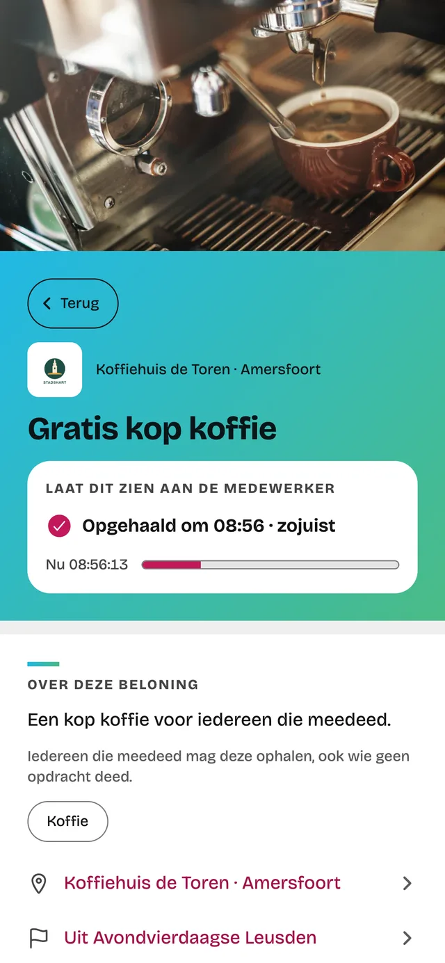 Een opgehaalde beloning in de app: een kop koffie bij Koffiehuis de Toren, met de tijd van ophalen en een klok die doorloopt